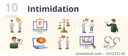 Intimidation set. Creative icons: rumors, discredit, threats, punishing, impersonate, cyber bullying, identify, liberty. 102225139