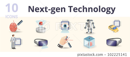 Next-gen technology set. Creative icons: optogenetics, holographic, bionic eye, hi-tech toys, driverless car, exoskeleton suit, virtual reality, prosthetics, 3d printing, virtual reality. 102225141