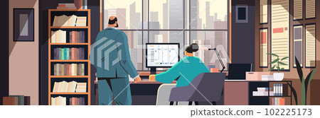 businesspeople couple working together business people analyzing statistic data on computer monitor teamwork 102225173