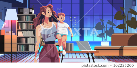 happy mother with little son spending time together motherhood concept modern living room interior 102225200