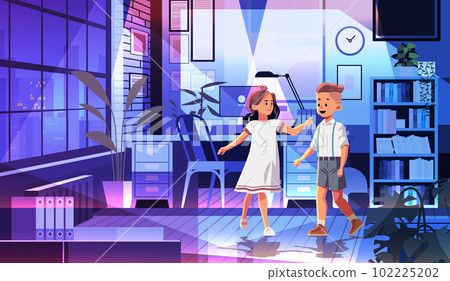 schoolchildren in front of desktop computer at home desk children doing homework at workplace 102225202