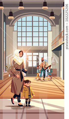 mix race people with little children standing in kindergarten corridor parenthood concept 102225206