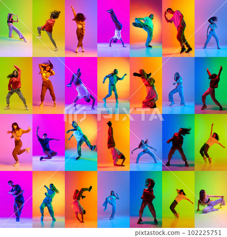 Collage made of different young people expressively dancing hip-hop against multicolored background in neon light Collage made of different young people expressively dancing hip-hop against multicolored background in neon light 102225751