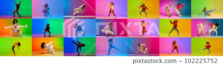 Collage. Dynamic images of talented young people dancing hip-hop against multicolored background in neon light Collage. Dynamic images of talented young people dancing hip-hop against multicolored background in neon light 102225752