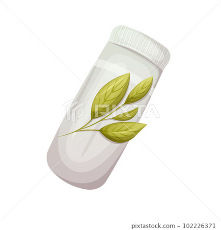 Rolled up bath towel. Top view. Twig with green leaves. The concept of spa, relaxation. Cartoon Rolled up bath towel. Top view. Twig with green leaves. The concept of spa, relaxation. Cartoon 102226371