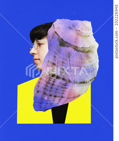 Contemporary art collage with young stylish man, guy wearing eyeglasses with big sea shell over blue background. Side view Contemporary art collage with young stylish man, guy wearing eyeglasses with big sea shell over blue background. Side view 102226948