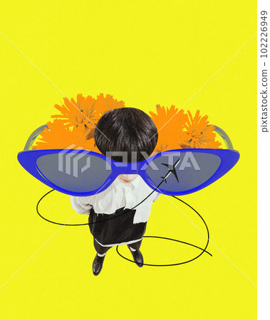 Contemporary art collage with young guy, man with stylish haircut wearing huge sunglasses over yellow background. Top view Contemporary art collage with young guy, man with stylish haircut wearing huge sunglasses over yellow background. Top view 102226949