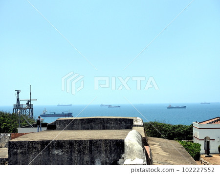 Kaohsiung City in southern Taiwan, the Taiwan Strait seen from the Qijin Battery ruins, the opposite bank is Hong Kong, a cargo ship waiting to enter Kaohsiung Port, 102227552