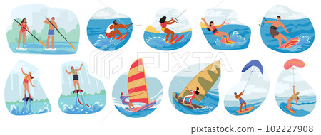 Set of Character Engaged in Water Activities Swimming, Boating, Paddleboarding, Kite or Wind Surfing, Water Skiing Set of Character Engaged in Water Activities Swimming, Boating, Paddleboarding, Kite or Wind Surfing, Water Skiing 102227908