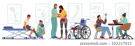Rehabilitation Of People With Prosthesis. Characters Training To Adjust New Limb, Relearning Everyday Tasks 102227915
