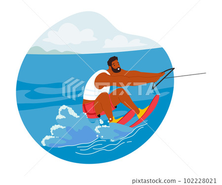 Male Character Using Specialized Skis Moving Swiftly Through The Water, Carving Turns, Jumping Wakes And Catching Air 102228021