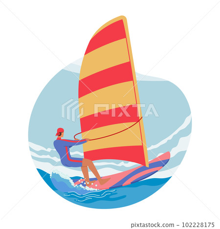 Male Character Windsurfing Activity. Man Enjoying Thrill Of Sport, Gliding Over The Waves With Sail Powered By The Wind 102228175