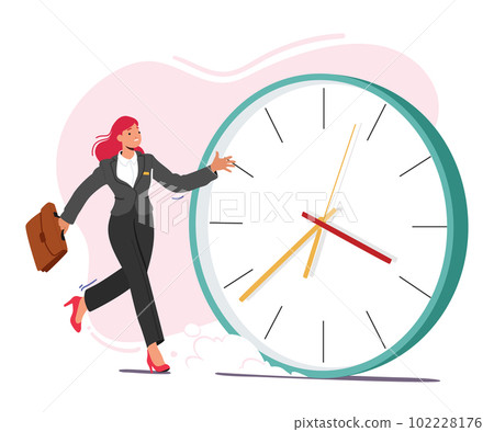 Businesswoman Sprints Past Huge Clock, Checking Time, Indicating The Importance Of Time Management In The Business World 102228176