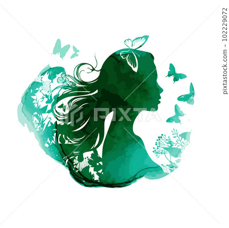 Silhouette green ink girl with butterflies silhouettes. Beauty saloon. Vector illustration 102229072