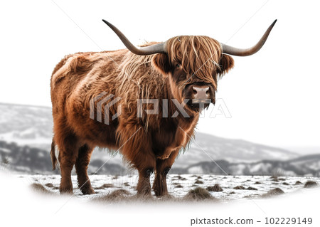 Image of a highland cow. Farm animals. Illustration, Generative AI. Image of a highland cow. Farm animals. Illustration, Generative AI. 102229149