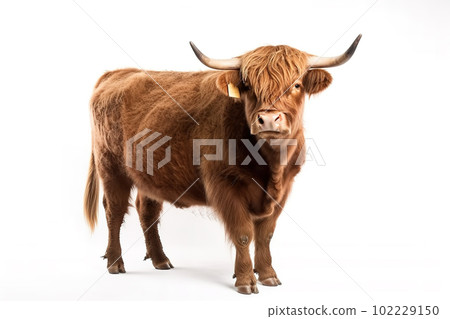 Image of a highland cow on white background. Farm animals. Illustration, Generative AI. Image of a highland cow on white background. Farm animals. Illustration, Generative AI. 102229150
