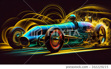 Digital Art Blue Vintage Racing Car with Yellow Flames on Dark Background 102229215