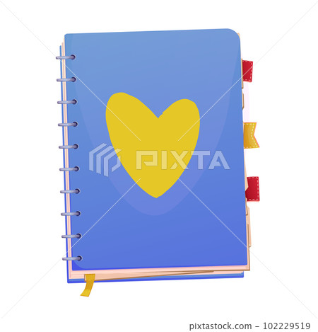 Notebook closed with spiral, marks top view with heart in blue and yellow colors in cartoon style isolated on white background. Office, school diary. 102229519