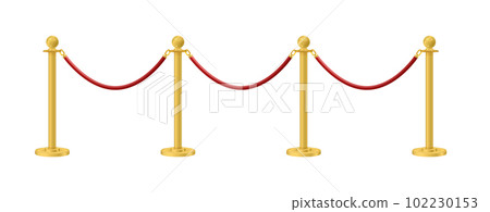 Retractable belt rack. Portable tape barrier. Red carpet with red ropes on golden stanchions. Exclusive event, movie premiere, gala, ceremony, awards concept. Vector 102230153