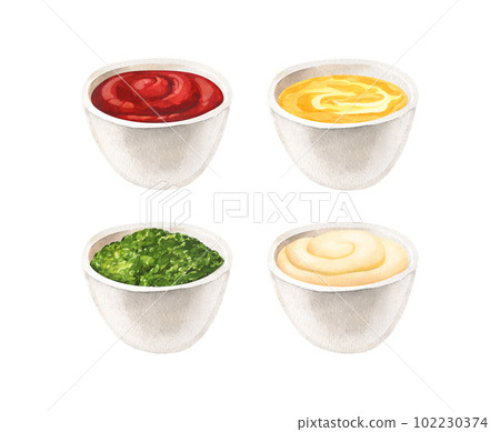 Watercolor delicious bowls with sauces. Hand-drawn illustration isolated on white background close-up. Perfect for menu cafe, restaurant, recipe book, cooking, barbecue 102230374