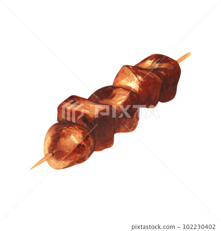 Watercolor grilled meat chicken kebab. Hand-drawn illustration isolated on white background close-up. Perfect for menu cafe, restaurant, recipe book, cooking, barbecue Watercolor grilled meat chicken kebab. Hand-drawn illustration isolated on white background close-up. Perfect for menu cafe, restaurant, recipe book, cooking, barbecue 102230402