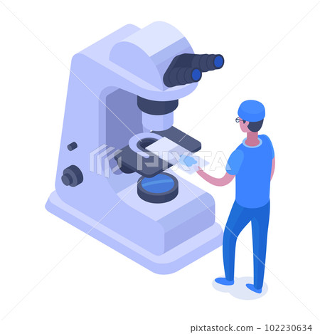 Isometric medical research concept. Medical worker with huge microscope. Chemical experiment or blood test 3d vector illustration 102230634