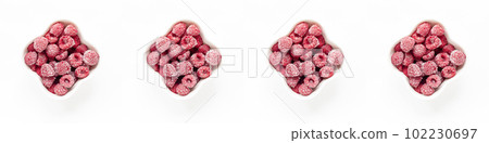 Banner with frozen raspberry berries in bowls on white background. Seamless pattern. Top view. Banner with frozen raspberry berries in bowls on white background. Seamless pattern. Top view. 102230697