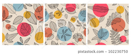 Vector set of seamless patterns. Hand drawn lineleaves with colorful circles, autumn backgrounds. 102230750