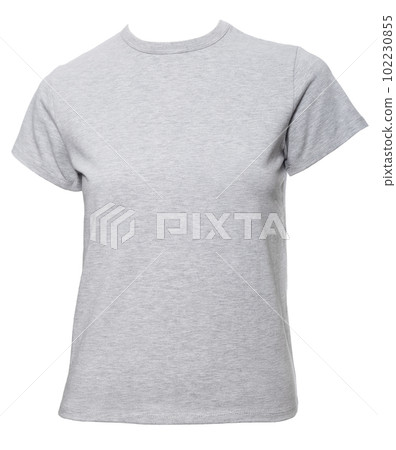 Grey shortsleeve cotton tshirt template on female mannequin isolated on white Grey shortsleeve cotton tshirt template on female mannequin isolated on white 102230855