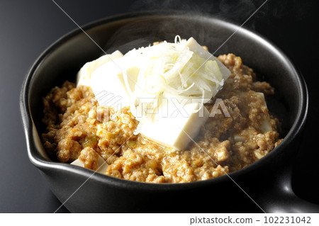Plenty of spicy hot mapo tofu shot on a black background 102231042