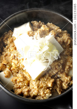 A bird's-eye view shot of spicy mapo tofu with plenty of tofu on a black background A bird's-eye view shot of spicy mapo tofu with plenty of tofu on a black background 102231085