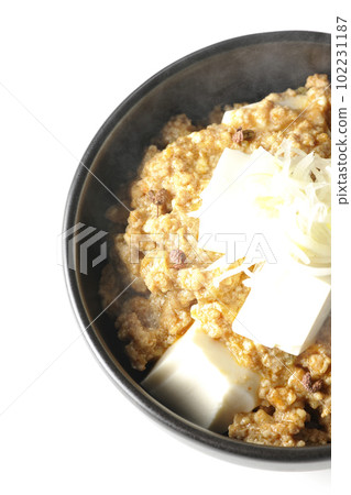 A bird's-eye view of spicy hot mapo tofu with plenty of tofu on a white background 102231187