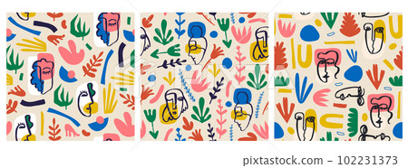 Vector set of seamless patterns. Collage cutout shapes, flowers and hand drawn cubism faces. 102231373