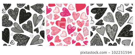 Vector set of seamless patterns. Hand drawn doodle hearts, textured, love background. Vector set of seamless patterns. Hand drawn doodle hearts, textured, love background. 102231594