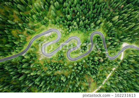 The picturesque serpentine Snake Road driveway in the majestic Alpine mountains 102231613