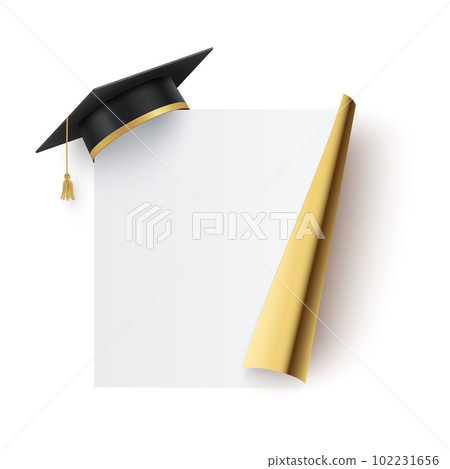 Paper sticker with graduate hat, 3d sheet with shiny gold foil edge and cap with tassel Paper sticker with graduate hat, 3d sheet with shiny gold foil edge and cap with tassel 102231656
