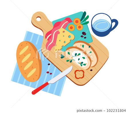 Sliced Bread with Cheese and Bacon on Cutting Board as Tasty Breakfast or Brunch with Typical Food Vector Illustration 102231804