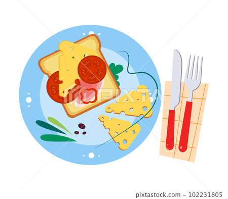 Sandwich with Cheese and Sliced Tomato as Tasty Breakfast or Brunch with Typical Food Above View Vector Illustration 102231805