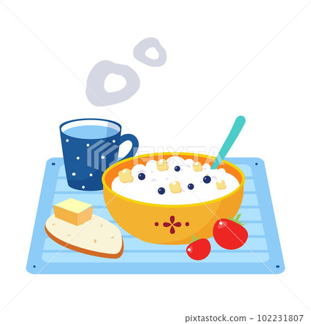 Porridge in Bowl, Bread with Butter and Mug with Hot Steaming Tea as Tasty Breakfast or Brunch with Typical Food Vector Illustration 102231807