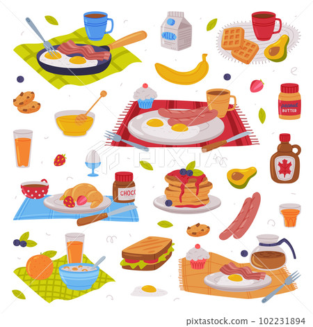 Tasty Breakfast or Brunch with Typical Food Served on Plate Vector Set 102231894