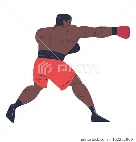 Muscular man in shorts and red boxing gloves throwing punches cartoon vector illustration Muscular man in shorts and red boxing gloves throwing punches cartoon vector illustration 102231969