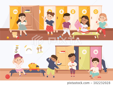 Little Boy and Girl Changing Clothes at Locker in Kindergarten Putting on Sweater and Pants Vector Set 102232028