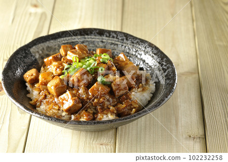 Spicy mapo tofu rice bowl with lots of small green onions and tofu 102232258
