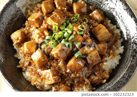 A bird's-eye view of a spicy mapo tofu bowl with lots of small green onions and tofu 102232323