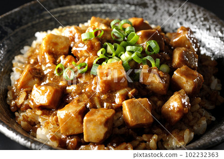 黑色背景下放著大量小蔥和豆腐的辣麻婆豆腐飯碗 102232363