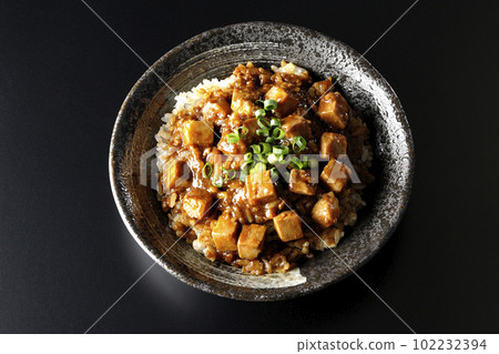 A bird's-eye view of a spicy mapo tofu bowl with plenty of small green onions and tofu on a black background 102232394