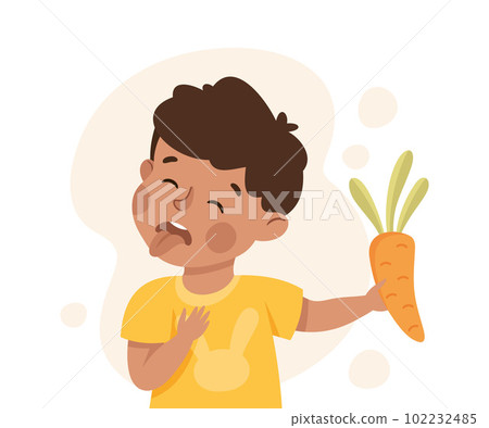 Little Boy Character Showing Dislike and Disgust Holding Carrot Vector Illustration Little Boy Character Showing Dislike and Disgust Holding Carrot Vector Illustration 102232485