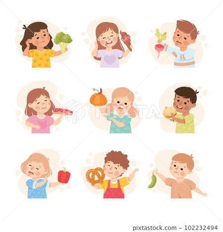 Kid Characters Showing Likes and Dislikes Towards Different Food Vector Set 102232494