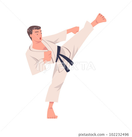 Young Man Doing Karate Wearing Kimono and Black Belt Engaged in Martial Art Vector Illustration 102232496