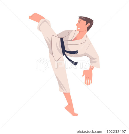 Young Man Doing Karate Wearing Kimono and Black Belt Engaged in Martial Art Vector Illustration 102232497